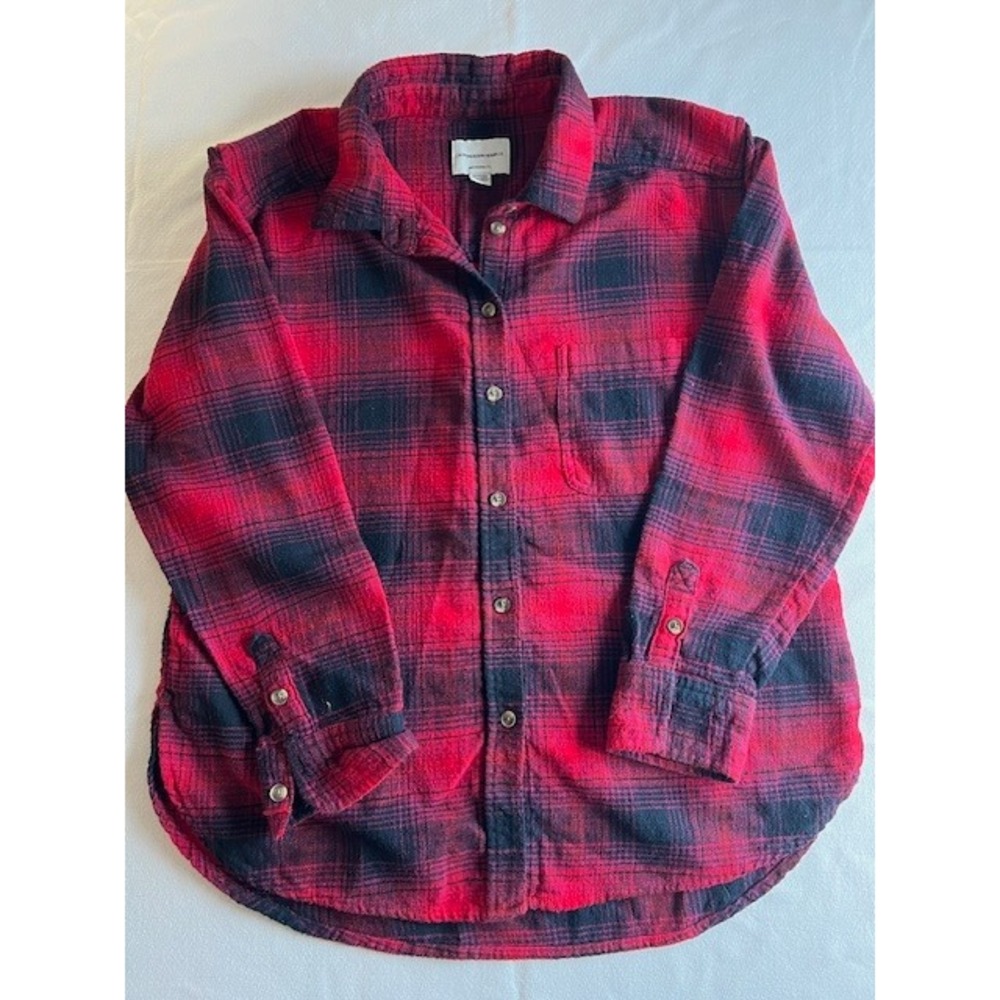 American‎ Eagle Flannel Shirt Womens XS Red Black Good Boyfriend Plaid Button Up